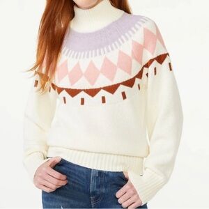 Turtleneck Sweater Cream With Pink, Lavender and Brown Fair Isle Style